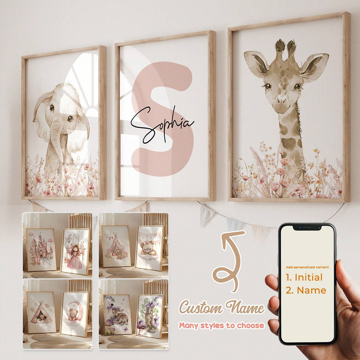 Baby Nursery Set - Custom Name Nursery Wall Art Set,