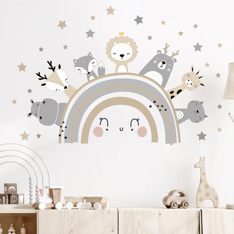 Baby Nursery Wallpaper - Cartoon Cute Animals on the Rainbows