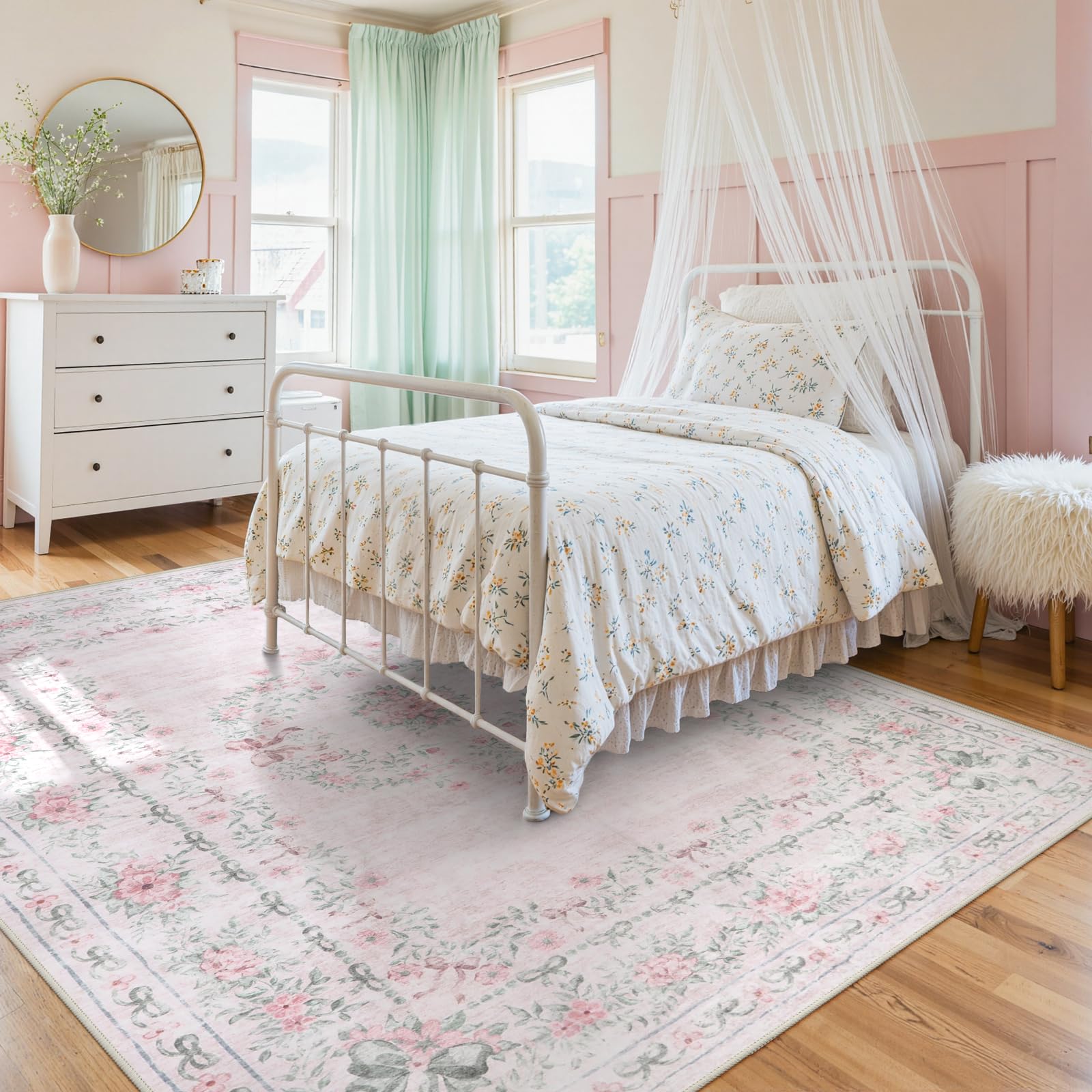 Baby Nursery Carpet - Floral Bow Rug for Girls Bedroom,Washable