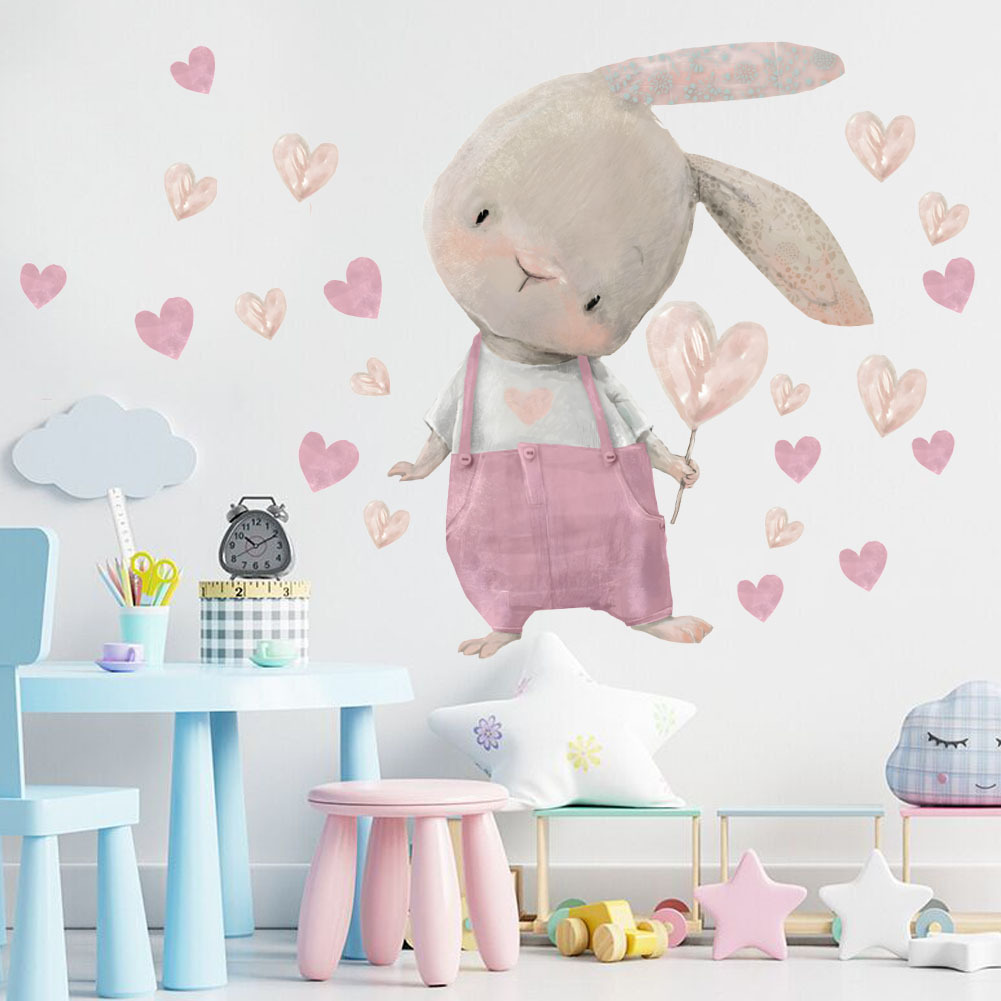 Baby Nursery Wallpaper Girl - Cute Bunny Hearts Wall Stickers for