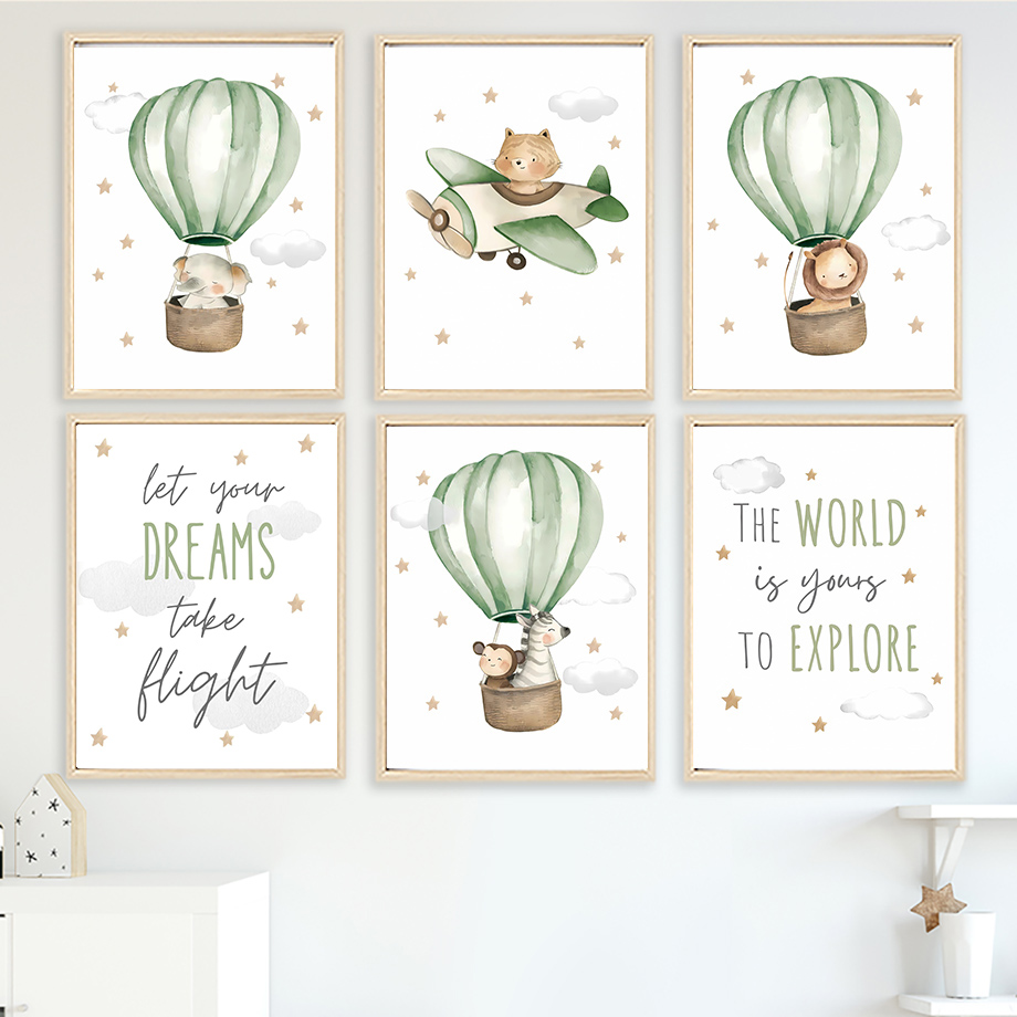 Baby Nursery Quotes Wall Art - Boho Tiger Lion Aircraft Hot Air
