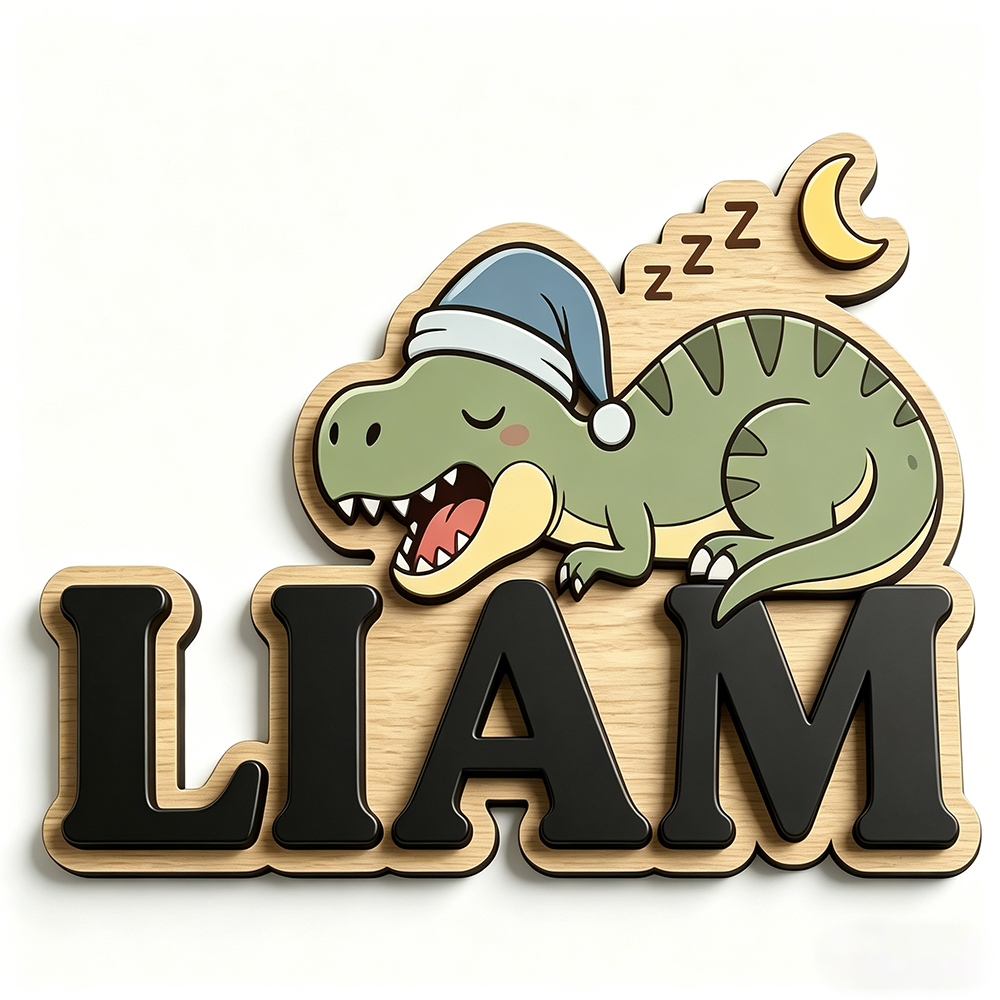 Baby Nursery Name Sign - Personalized Sleepy Dinosaur Name Sign, Wooden