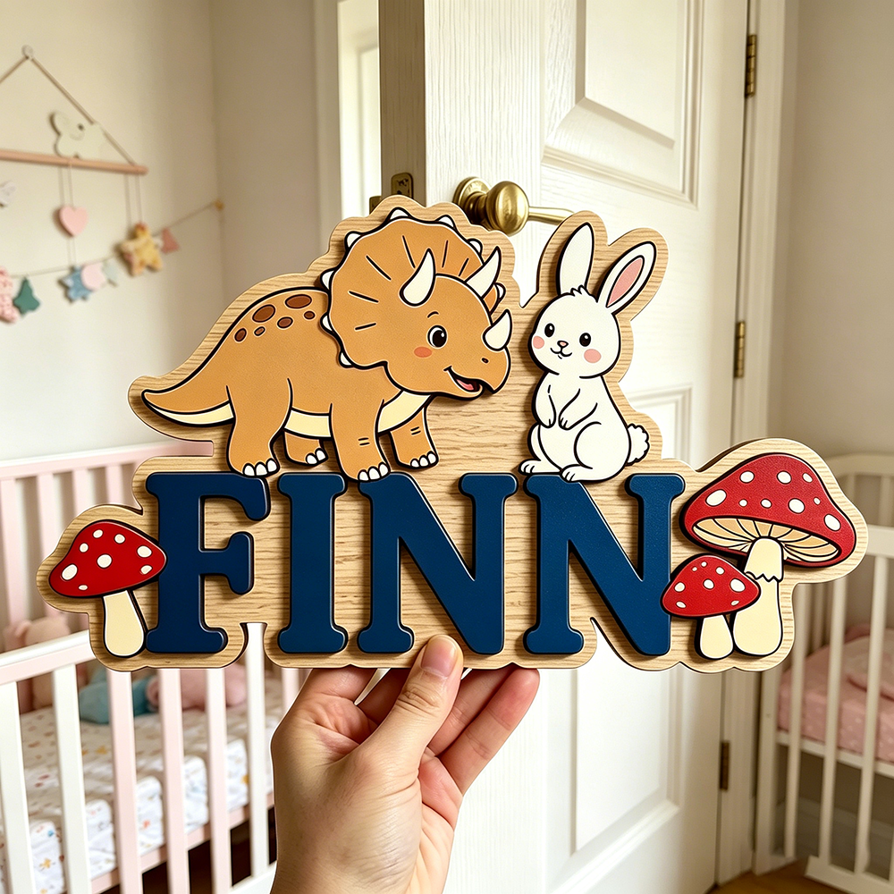 Baby Nursery Neutral - Custom Woodland Triceratops & Bunny Name