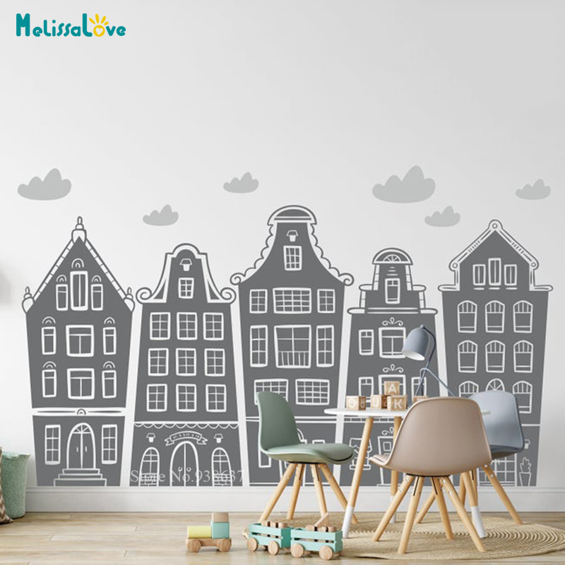 Baby Nursery Set Furniture - Scandinavian Houses & Clouds Decal Nursery
