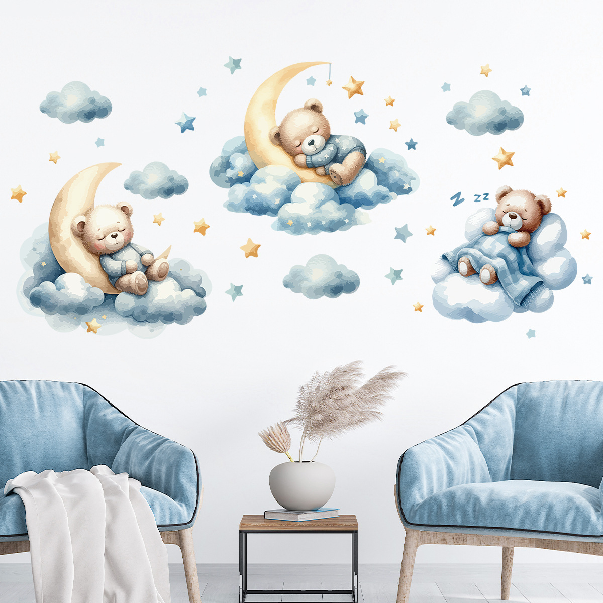 Baby Nursery Set Furniture - Watercolor Bear Sleep Moon Cloud Wall