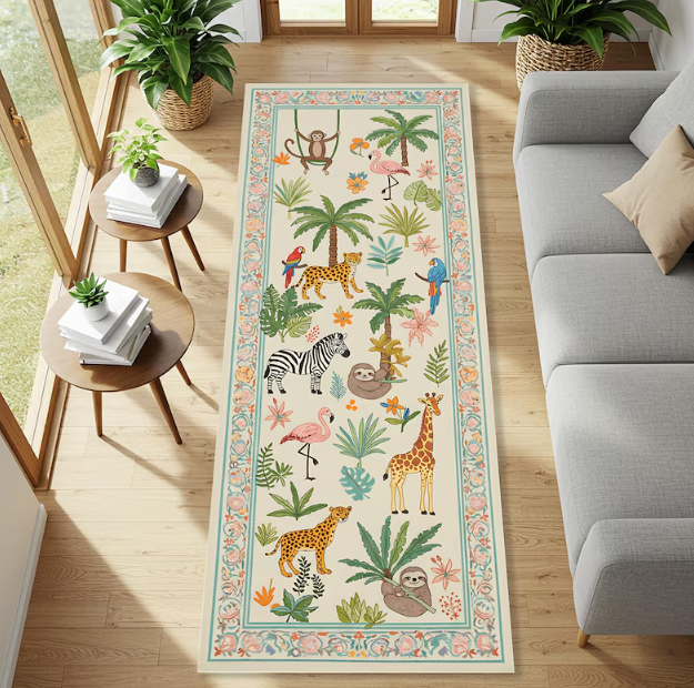 Baby Nursery Jungle Rug - Tropical Jungle Runner Rug Safari Animals
