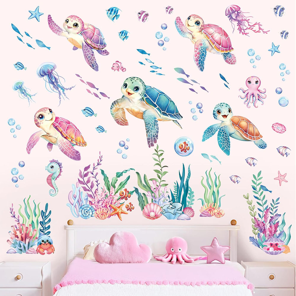 Baby Nursery Set Furniture - Large Pink Sea Turtles Ocean Wall