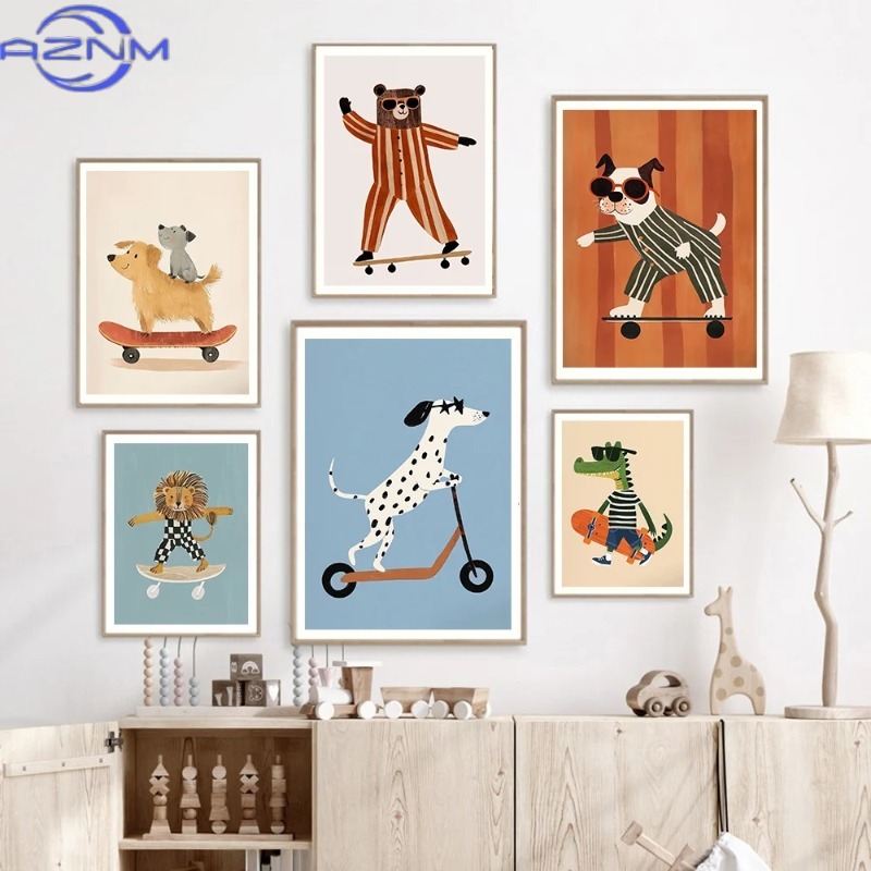 Baby Nursery Neutral - Funny Animals Rabbit Dog Cat Skateboard