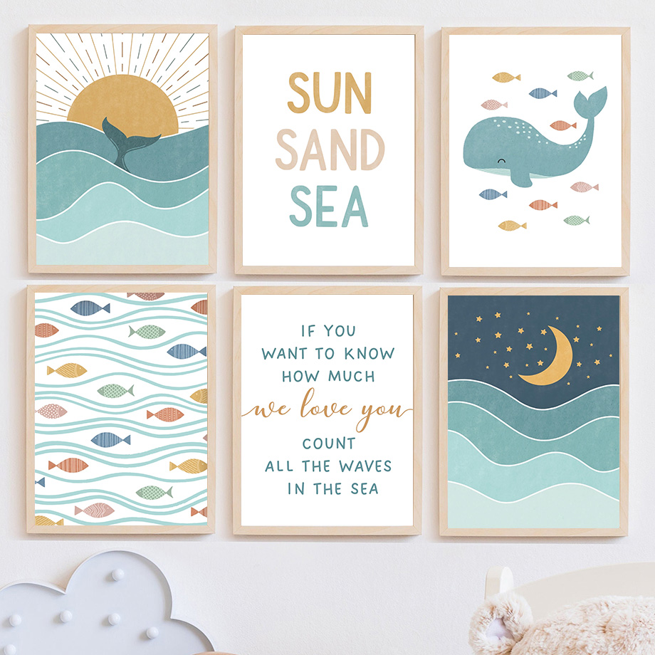 1pc frameless Fish Whale Seagu - Baby Nursery Quotes Wall Art recensione e prezzo