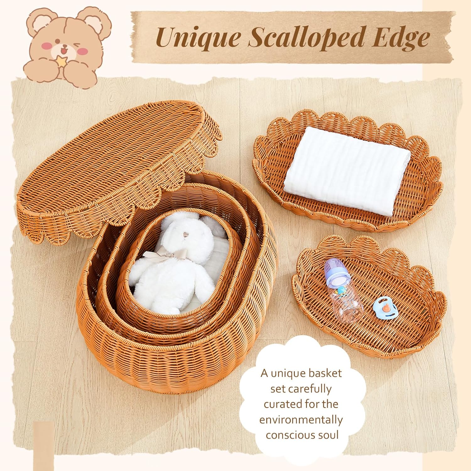 3 Pcs Scalloped Rattan Baskets - Baby Nursery Bedding recensione e prezzo